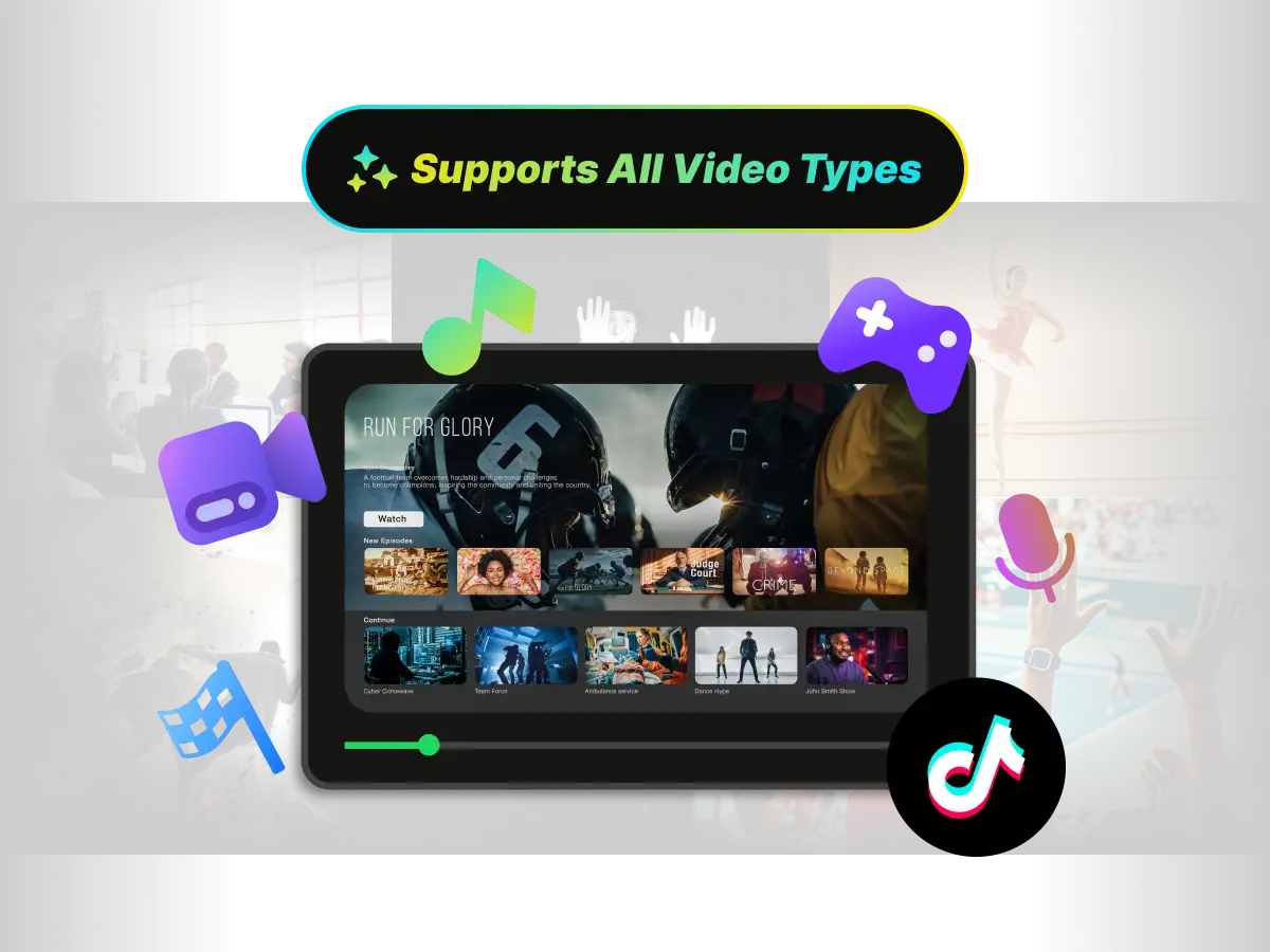 Die WayinVideo Oberfläche in einem Videoplayer. Icons für Bildung, Social Media und Business zeigen unterschiedliche Videoarten.
